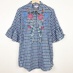 NWT Johnny Was Taryn Ruffle Tunic Blue Gingham Floral Embroidered Size S $210